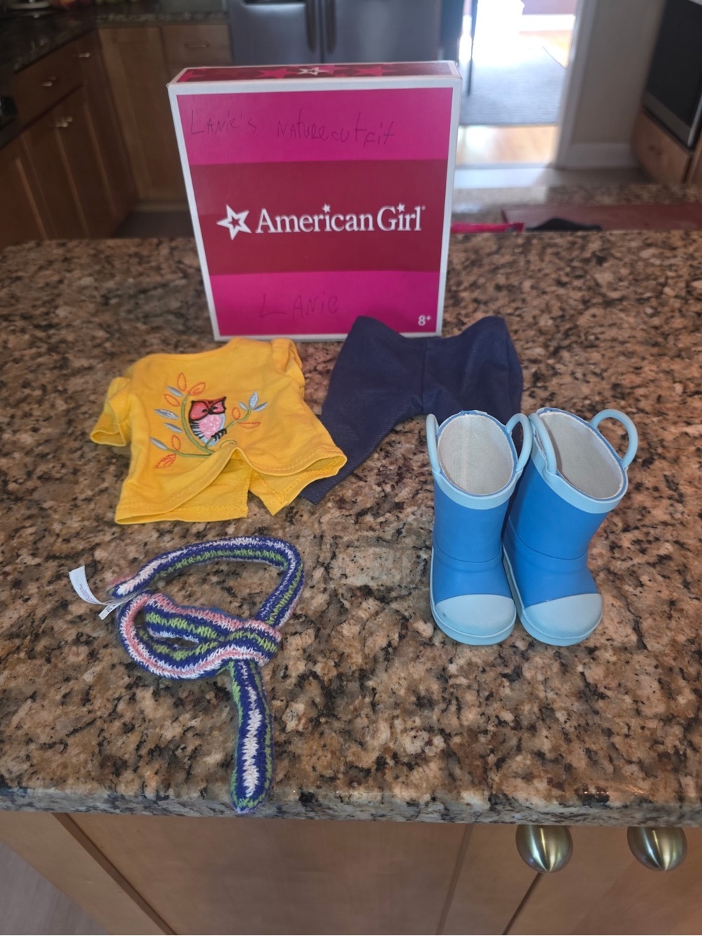 American Girl Yellow Owl Shirt with Blue Boots, Navy Pants & Knit Scarf